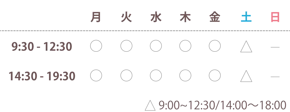 診療時間　月、火、水、木、金　9:30～12:30　14:30～19:30　土　9:00～12:30　14:00～18:00　日休診