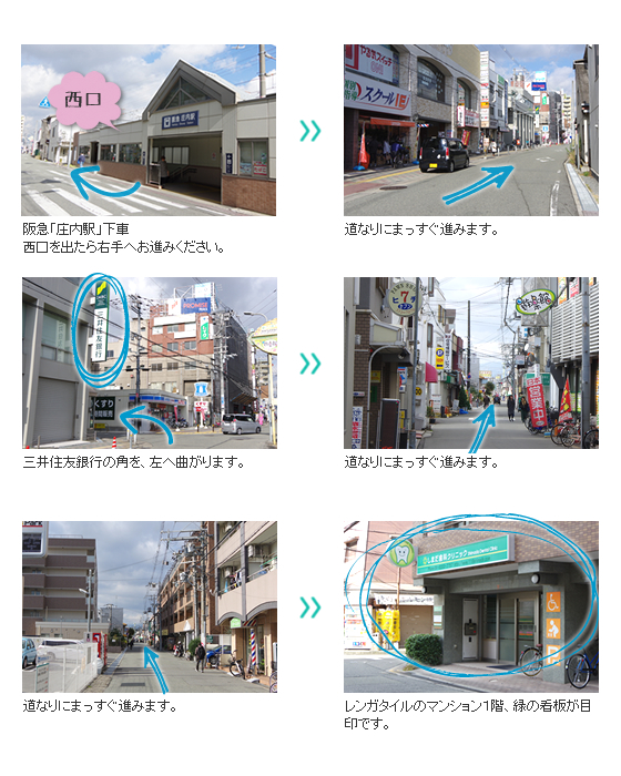 阪急「庄内駅」からのアクセス方法を写真で説明しています。