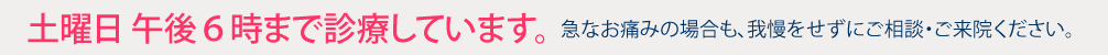 土曜日 午後6時まで診療しています。　急なお痛みの場合も、我慢をせずにご相談・ご来院ください。